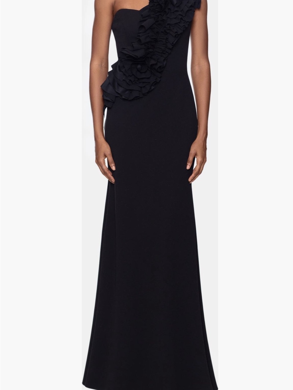 Betsy & Adam One-Shoulder Black Ruffle Gown - Picture 2 of 2